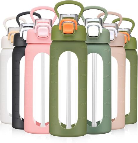 chunmo 20 oz Glass Water Bottle with Straw Reusable Water Bottle with Non-Slip Silicone Sleeve Wide Mouth Leak-Proof for Coffee, Tea and Water,BPA-free, Dishwasher Safe in Saudi Arabia