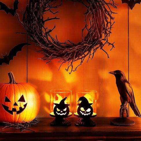 Sziqiqi Halloween Pumpkin Candle Holder: Tea Lights Candle Holder Pumpkin Decorations for Table Centerpieces Halloween Decorations Indoor for Party Fireplace Mantel in Saudi Arabia