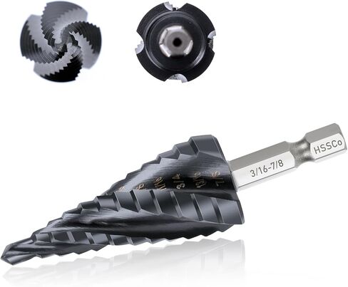 M35 Four Spiral Flute Cobalt Step Drill Bit, 3/16" - 7/8"(12 Step Size) Impact Ready Unibit Step Drill Bit, 1/4" Hex Shank Step Bit for Metal, Stainless Steel, Aluminum, Plastic in Saudi Arabia