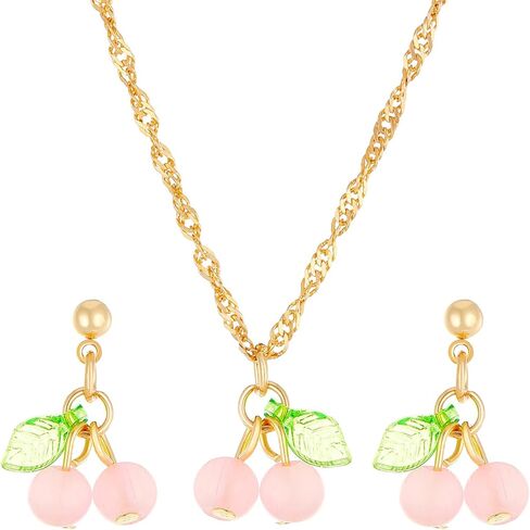 Red Cherry Fruit Necklace Earrings for Women Girls Gold Plated Creative Charm 3D Resin Sweet Tropical Fruits Green Leaf Cute Jewelry Set for Birthday Party Summer Beach Holiday Fashion Jewelry Gifts in Saudi Arabia