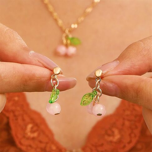Red Cherry Fruit Necklace Earrings for Women Girls Gold Plated Creative Charm 3D Resin Sweet Tropical Fruits Green Leaf Cute Jewelry Set for Birthday Party Summer Beach Holiday Fashion Jewelry Gifts in Saudi Arabia