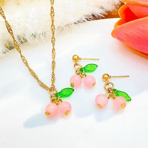 Red Cherry Fruit Necklace Earrings for Women Girls Gold Plated Creative Charm 3D Resin Sweet Tropical Fruits Green Leaf Cute Jewelry Set for Birthday Party Summer Beach Holiday Fashion Jewelry Gifts in Saudi Arabia