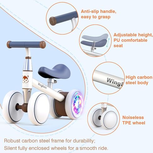 Baby Balance Bike for 1-3 Years Old Boys Girls, Colorful Lighting 4 Silence Wheels Toddler Balance Bike with Adjustable Seat, Baby Bike Toddler 1st Birthday Gifts in Saudi Arabia