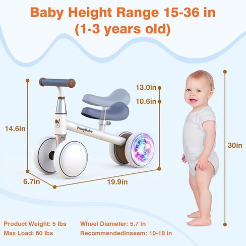 Baby Balance Bike for 1-3 Years Old Boys Girls, Colorful Lighting 4 Silence Wheels Toddler Balance Bike with Adjustable Seat, Baby Bike Toddler 1st Birthday Gifts in Saudi Arabia