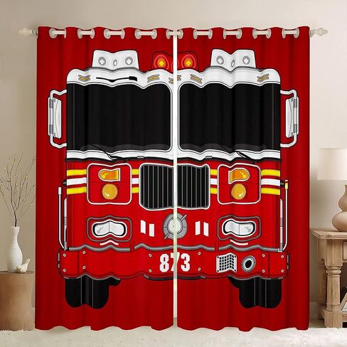 Manfei Fire Truck Window Curtains Red Fire Engine Window Treatments, Cartoon Fireman Car Window Drapes for Kids Boys Teens Room Decor Grommet Top 2 Panel Set Bedroom Curtains, 42Wx63L inch in Kuwait