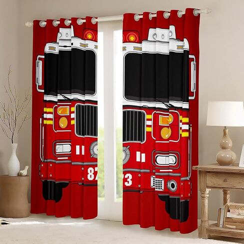 Manfei Fire Truck Window Curtains Red Fire Engine Window Treatments, Cartoon Fireman Car Window Drapes for Kids Boys Teens Room Decor Grommet Top 2 Panel Set Bedroom Curtains, 42Wx63L inch in Kuwait