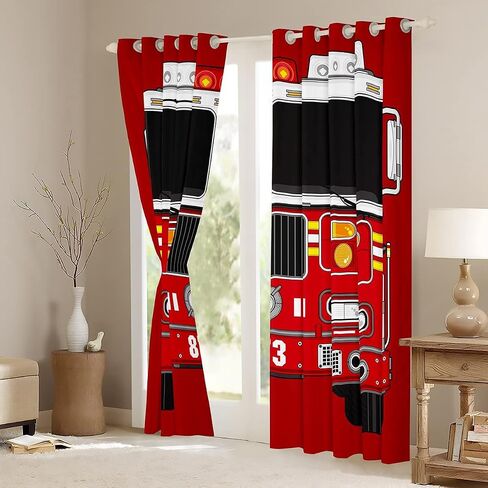 Manfei Fire Truck Window Curtains Red Fire Engine Window Treatments, Cartoon Fireman Car Window Drapes for Kids Boys Teens Room Decor Grommet Top 2 Panel Set Bedroom Curtains, 42Wx63L inch in Kuwait