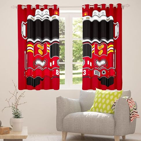 Manfei Fire Truck Window Curtains Red Fire Engine Window Treatments, Cartoon Fireman Car Window Drapes for Kids Boys Teens Room Decor Grommet Top 2 Panel Set Bedroom Curtains, 42Wx63L inch in Kuwait