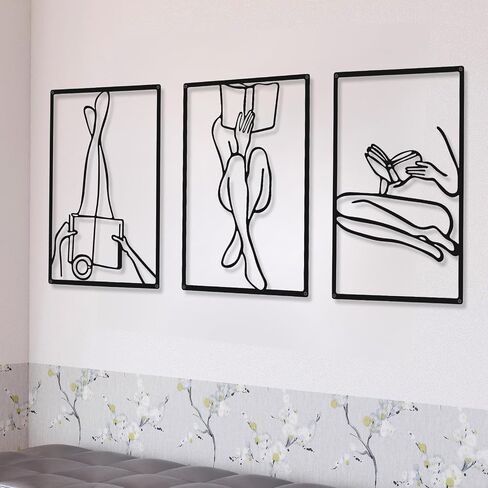 CHENGU 3 Pieces Metal Minimalist Abstract Woman Wall Art Line Drawing Wall Art Decor Single Line Female Home Hanging Wall Art Decor for Kitchen Bathroom Living Room (Black,Retro Style) in Saudi Arabia