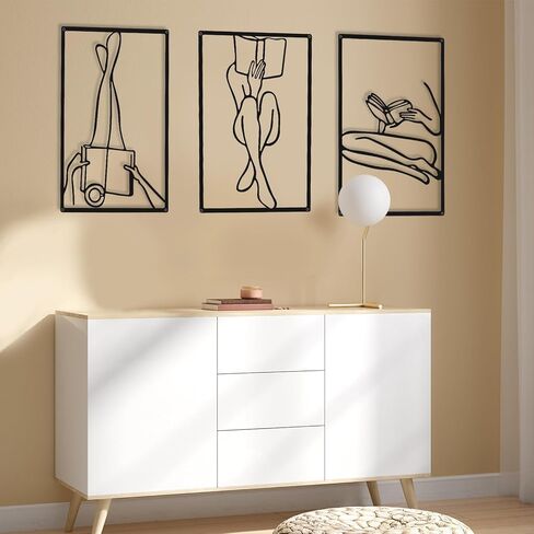 CHENGU 3 Pieces Metal Minimalist Abstract Woman Wall Art Line Drawing Wall Art Decor Single Line Female Home Hanging Wall Art Decor for Kitchen Bathroom Living Room (Black,Retro Style) in Saudi Arabia