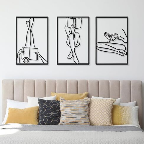 CHENGU 3 Pieces Metal Minimalist Abstract Woman Wall Art Line Drawing Wall Art Decor Single Line Female Home Hanging Wall Art Decor for Kitchen Bathroom Living Room (Black,Retro Style) in Saudi Arabia