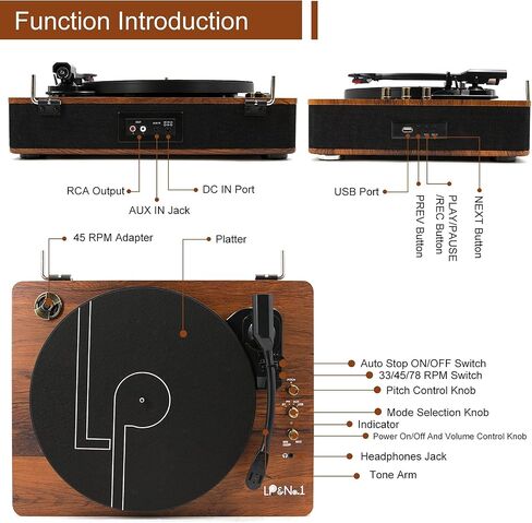 LP&No.1 Vinyl Record Player, 3-Speed Belt-Drive Turntable with Stereo Speakers, USB Playback & Recording, Wireless Input & Output, Auto-Stop | Pitch Control | RCA | AUX-in | Headphone Jack | Red in Saudi Arabia