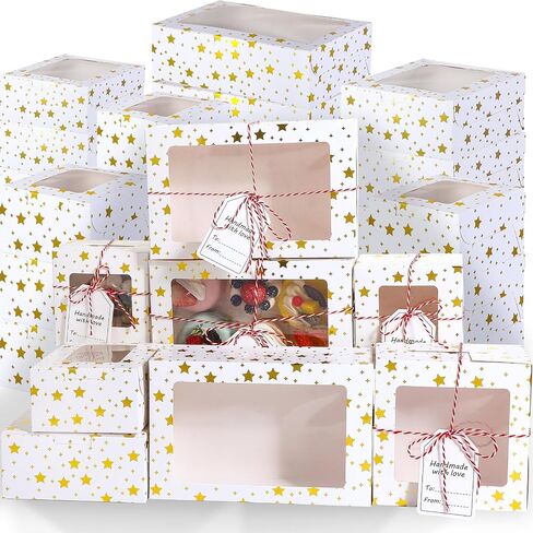 Maxcheck 24 Pcs Christmas Bakery Boxes with Window Cookie Boxes 4/6/9 Inch Gold Foil Star Candy Boxes for Gift Giving White Small Pastry Boxes for Mini Cake Cookie Dessert Cupcakes Donut Packaging in Kuwait