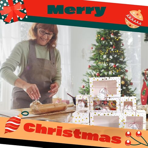 Maxcheck 24 Pcs Christmas Bakery Boxes with Window Cookie Boxes 4/6/9 Inch Gold Foil Star Candy Boxes for Gift Giving White Small Pastry Boxes for Mini Cake Cookie Dessert Cupcakes Donut Packaging in Kuwait