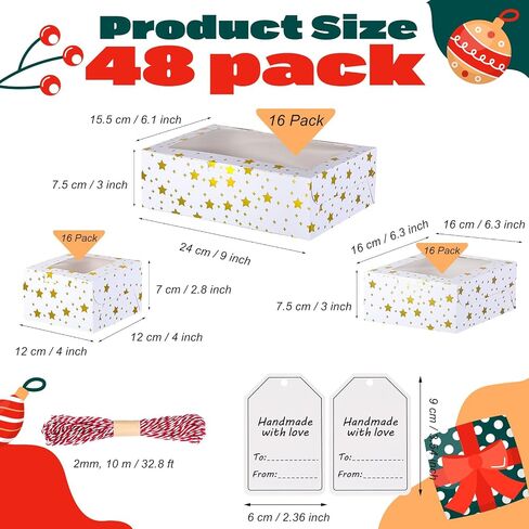 Maxcheck 24 Pcs Christmas Bakery Boxes with Window Cookie Boxes 4/6/9 Inch Gold Foil Star Candy Boxes for Gift Giving White Small Pastry Boxes for Mini Cake Cookie Dessert Cupcakes Donut Packaging in Kuwait