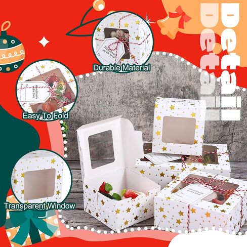 Maxcheck 24 Pcs Christmas Bakery Boxes with Window Cookie Boxes 4/6/9 Inch Gold Foil Star Candy Boxes for Gift Giving White Small Pastry Boxes for Mini Cake Cookie Dessert Cupcakes Donut Packaging in Kuwait
