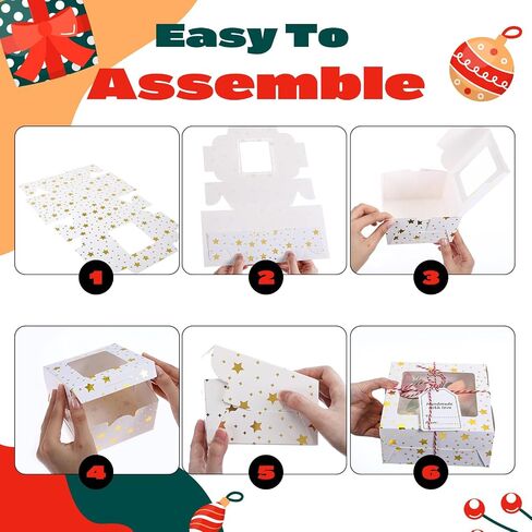 Maxcheck 24 Pcs Christmas Bakery Boxes with Window Cookie Boxes 4/6/9 Inch Gold Foil Star Candy Boxes for Gift Giving White Small Pastry Boxes for Mini Cake Cookie Dessert Cupcakes Donut Packaging in Kuwait