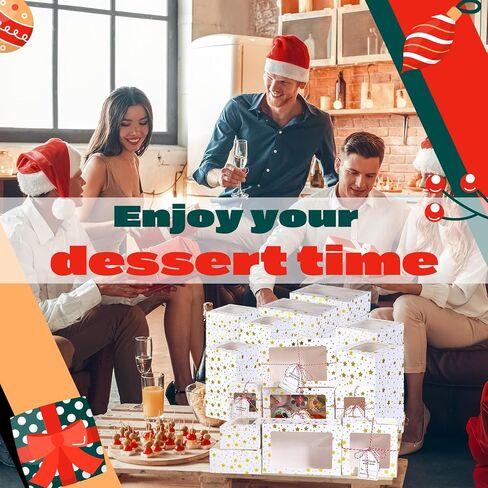 Maxcheck 24 Pcs Christmas Bakery Boxes with Window Cookie Boxes 4/6/9 Inch Gold Foil Star Candy Boxes for Gift Giving White Small Pastry Boxes for Mini Cake Cookie Dessert Cupcakes Donut Packaging in Kuwait
