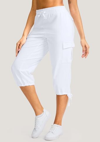 سروال كابري نسائي من القطن من SANTINY ناعم ومطاط برباط للسفر كاجوال للنساء مع 6 جيوب in Kuwait