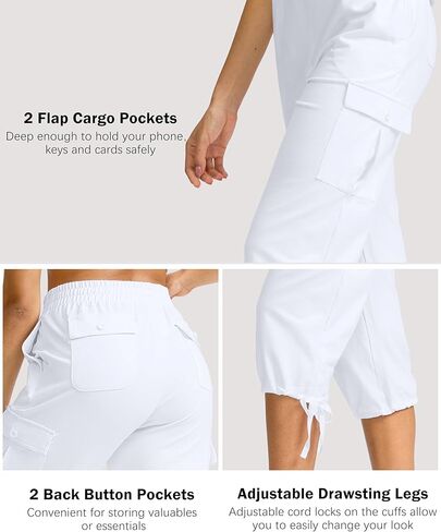 سروال كابري نسائي من القطن من SANTINY ناعم ومطاط برباط للسفر كاجوال للنساء مع 6 جيوب in Kuwait