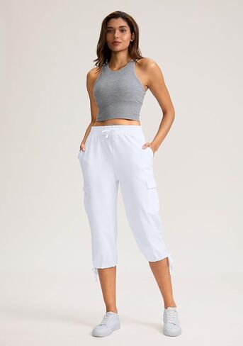 سروال كابري نسائي من القطن من SANTINY ناعم ومطاط برباط للسفر كاجوال للنساء مع 6 جيوب in Kuwait