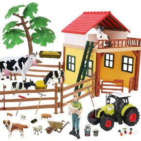 Farm Animals Toys Set Barn Toy Combine Harvester Tractor with Trailer Horse Stable Grain Bins Horse Cow Farmer Figures Fence Playset for Kids Toddlers Boy Girl 3-7 Years Old