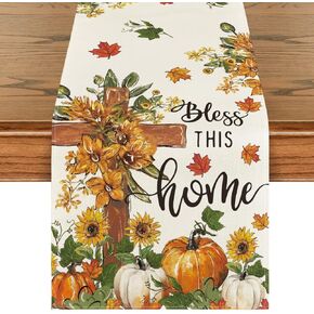 Artoid Mode Cross Pumpkins Fall Table Runner, Bless This Home Seasonal Autumn Kitchen Dining Table Decoration for Home Party Decor 13x72 Inch