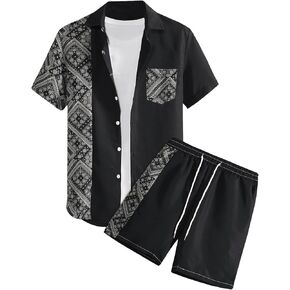 SweatyRocks Men's 2 Piece Outfits Color Block Paisley Print Button Down Shirt and Shorts Set