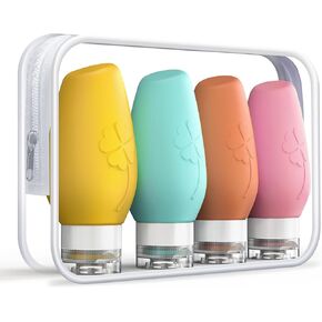 زجاجات سفر لمستحضرات التجميل، 3 أونصة (4 عبوات) حاويات بحجم السفر خالية من مادة BPA، مقاومة للتسرب وقابلة للعصر، حاويات بحجم السفر من السيليكون لشامبو مستحضرات التجميل واللوشن، أساسيات السفر للنساء in Kuwait