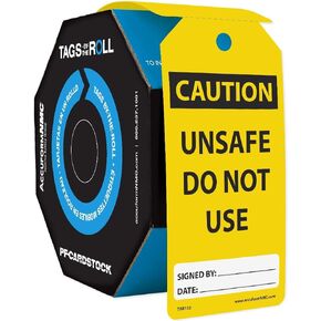 Accuform TAR132 Tags by-The-Roll General Safety Tags, Legend "Caution Unsafe DO NOT USE", 6.25" Length x 3" Width x 0.010" Thickness, PF-Cardstock, Black on Yellow (Pack of 100)
