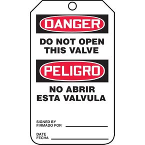Accuform TSP160PTM RP-Plastic Bilingual Spanish Safety Tag, Legend "Danger DO NOT Open This Valve", 5.75" Length x 3.25" Width x 0.015" Thickness, Red/Black on White (Pack of 5)