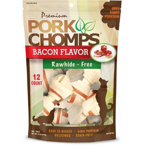Pork Chomps Baked Pork Skin Dog Chews, 2.5-inch Mini Knots, Bacon Flavor Strip, 12 Count