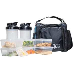 NUTRIFIT Large Meal Prep Bag for Men and Women - Insulated Lunch Box Cooler with 6 Stackable Food Containers BPA-Free Reusable - Pocket Vitamins Pill Case - Shaker Bottle and Ice Packs Included