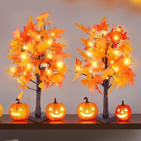 Fall Maple Tree with Lights, 2 Pack 25'' Artificial Fall Decorations for Home, Halloween Indoor Thanksgiving Table Decor USB & Battery Operated Autumn Tree with Acorns, Pine Cones, Pumpkin