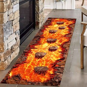 3D Optical Illusion Flame Runner Rug, 2x7ft, Abstract Lava Long Kitchen Rug,Retro Rock Cracks Print Laundry Room Runner Rug, for Runner Rug for Entryway Indoor Bedroom Runner Rug