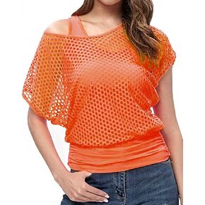 WILDPARTY Women's Casual Sexy Fishnet Off Shoulder Tops Two Pieces with Tank Top, 80s 90s Costumes Neon Outfit T-Shirt