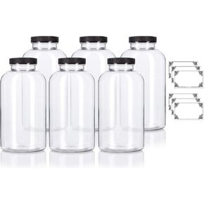 JUVITUS 32 oz Clear PET Plastic Packer Bottles with Black Ribbed Lid (6 pack) + Labels