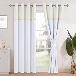 XWZO Color Splicing Blackout Curtains 2 Panels, Full Light Blocking Window Treatment for Kitchen with Tiebacks, Heat and Sound Block Grommet Boho Drapes with Black Liner, Khaki White, 52W x 84L