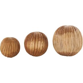 Deco 79 Teak Wood Handmade Carved Textured Orbs & Vase Filler with Ridges, Set of 3 6", 5", 4" H, Brown