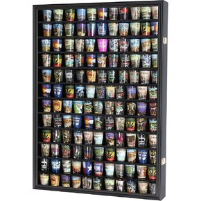 Large 144 Shot Glass Display Case Rack Solid Wood Cabinet Holder Wall Curio Cabinet Shadow Box for Action Figures Small Figurines - Lockable with UV Protection Acrylic Glass Door - Black Finish