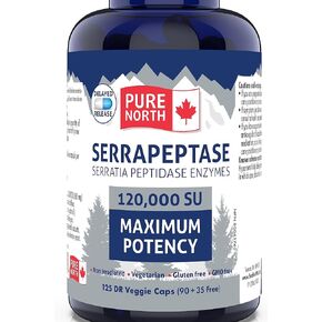 High Potency Serrapeptase 120000 SU Maximum Potency (90+35 vcaps) - Serapeptase Enzymes - Serratia Peptidase Enzymes - 3rd Party Tested - Formulated & Made in Canada