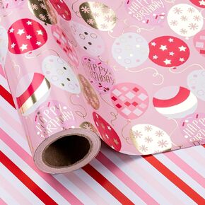 WRAPAHOLIC Birthday Reversible Wrapping Paper - Mini Roll - 17 Inch X 33 Feet - Shiny Metallic Pink Happy Birthday Wrapping Paper Girl for Birthday, Holiday, Baby Shower