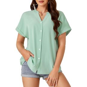 Rooscier Women's Button Down Notch V Neck Batwing Short Sleeve Office Business Blouse Shirt Top