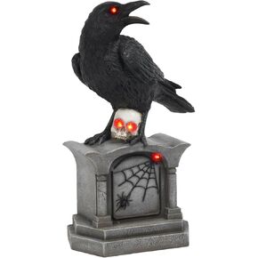 Halloween Decorations Indoor Crow Décor - Halloween Party Decorations Red Led Lights Crow Décor Standing on Halloween Tomb with Skull Decorations Scary Halloween Decorations 7.5*4.5*11.5 Inch Braxio