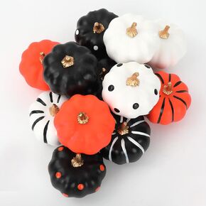 Whaline 12Pcs Halloween Pumpkin Decor White Black Orange Artificial Pumpkins Solid Color Dot Stripe Faux Pumpkins for Holiday Home Party Decor Supplies, 2.9 x 2.5 in