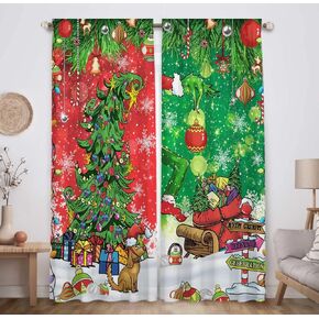 Allenjoy Merry Grinchmas Window Curtain Winter Christmas Xmas New Year Holiday Print Curtains Home Decor Rod Pocket Drapes for Kids Bedroom Living Room 82 in x 84 in