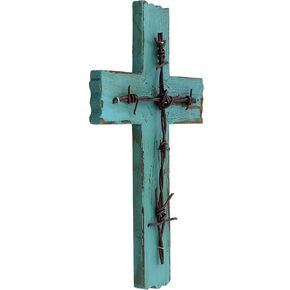 RWI Simple 10 1/2" Weathered Wood & Barbwire Decorative Wall Cross - Shabby Chic Chalk Paint Look