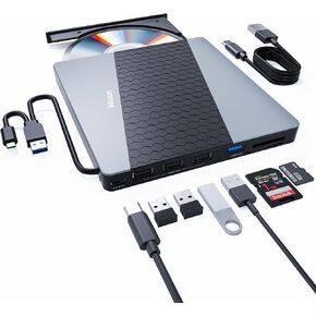 Unitek External DVD Driver USB C Portable CD/DVD +/-RW Drive/DVD Player with SD Card Reader USB 3.0 Hub USB C Power Port CD ROM Burner Compatible with Laptop Desktop PC Windows Linux OS Apple Mac
