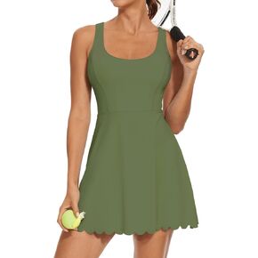 Tanou Womens Tennis Dress with Separated Shorts & Bra U Neck Golf Sleeveless Athletic Workout Scalloped Dress with 2 Pockets Black X-Large