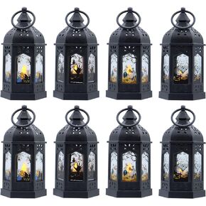 LLQ Mini Halloween Lanterns Decoration, Vintage Hanging Candle Lantern, Black LED Tealight Lantern with Mirror Glass, Portable Jack-o-Lantern for Indoor Widding Table Decor, 8PCS, Battery Included